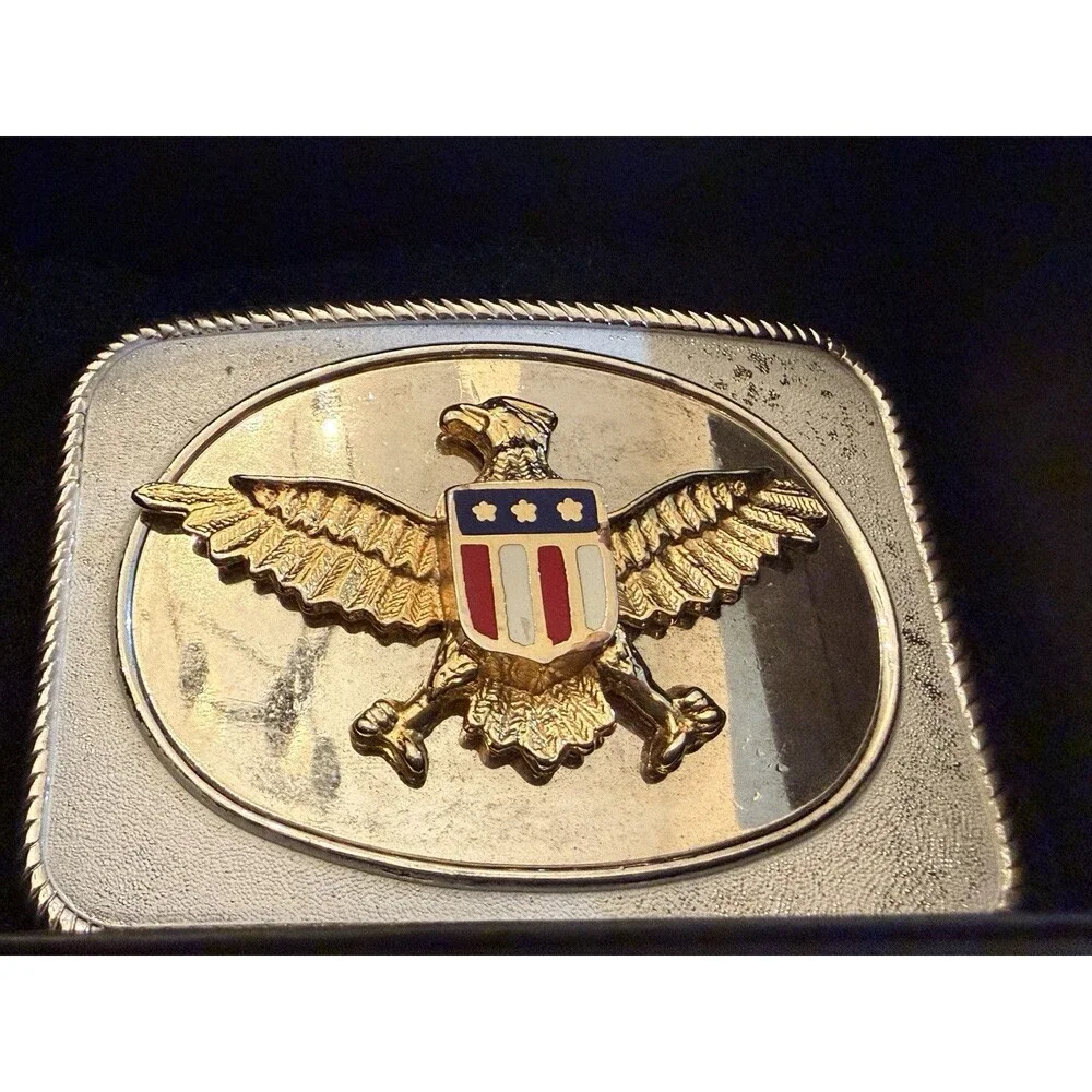 Vintage USA Eagle Belt Buckle Red White Blue Stars Shield Rope Edge Patriotic
